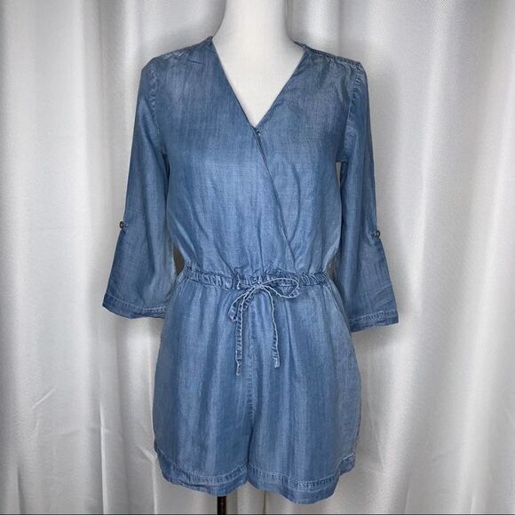 Cato Chambray Faux Wrap Roll Tab Sleeves Romper - Picture 3 of 9